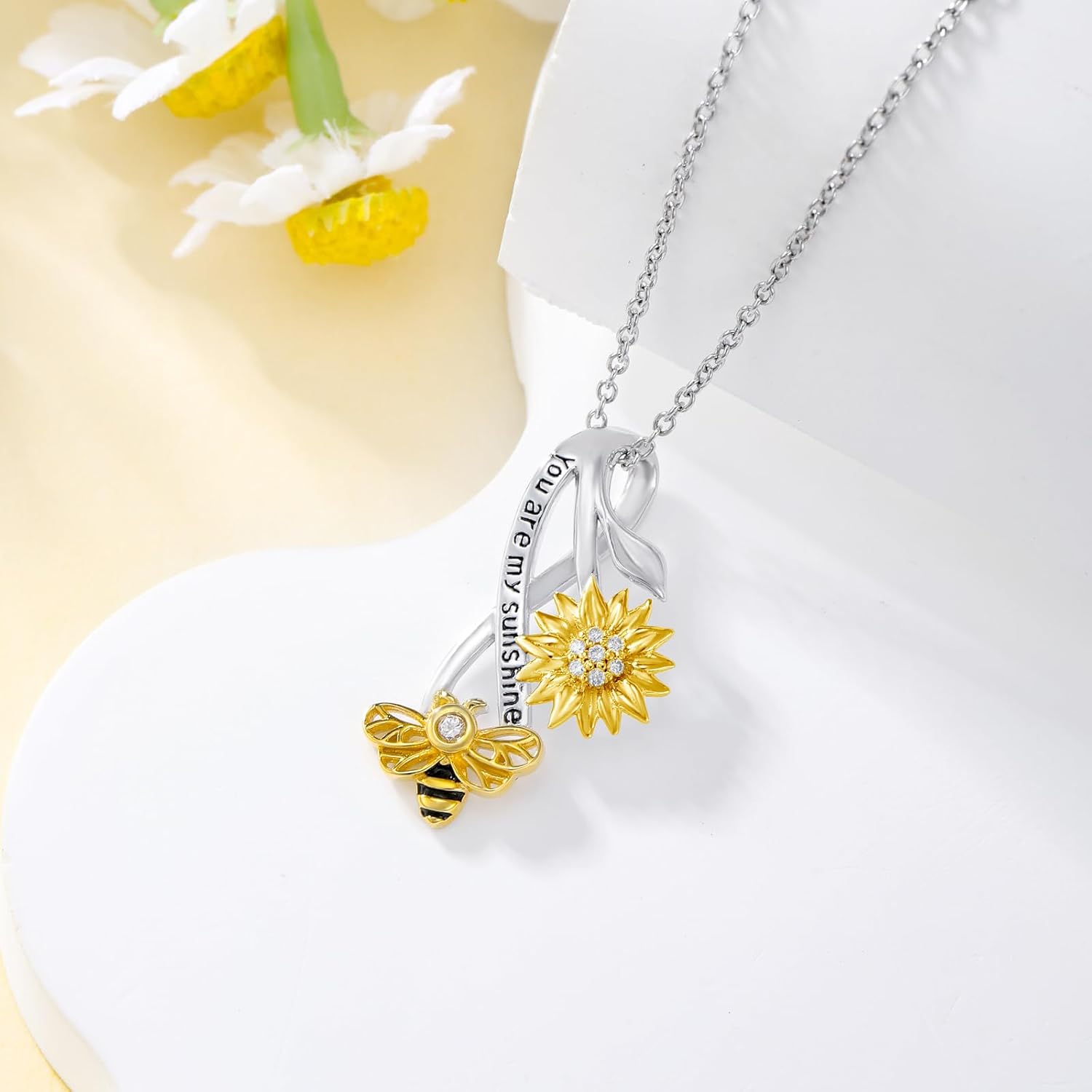 Diamond Bee Sunflower Necklace 925 Sterling Silver Bee Sunflower Pendant Necklace Jewelry Gifts for Women Wife Girlfriend - Image 3