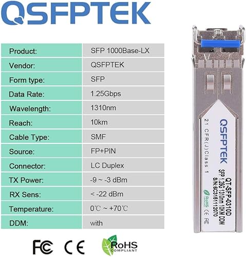 Miniatura 5 de QSFPTEK Módulo SFP Gigabit, 1000BASE-LX/LH 1310nm 6.2 mi DDM Monomodo LC Mini-GBIC Transceptor para Cisco GLC-LH-SMD/GLC-LX-SM-RGD, Ubiquiti