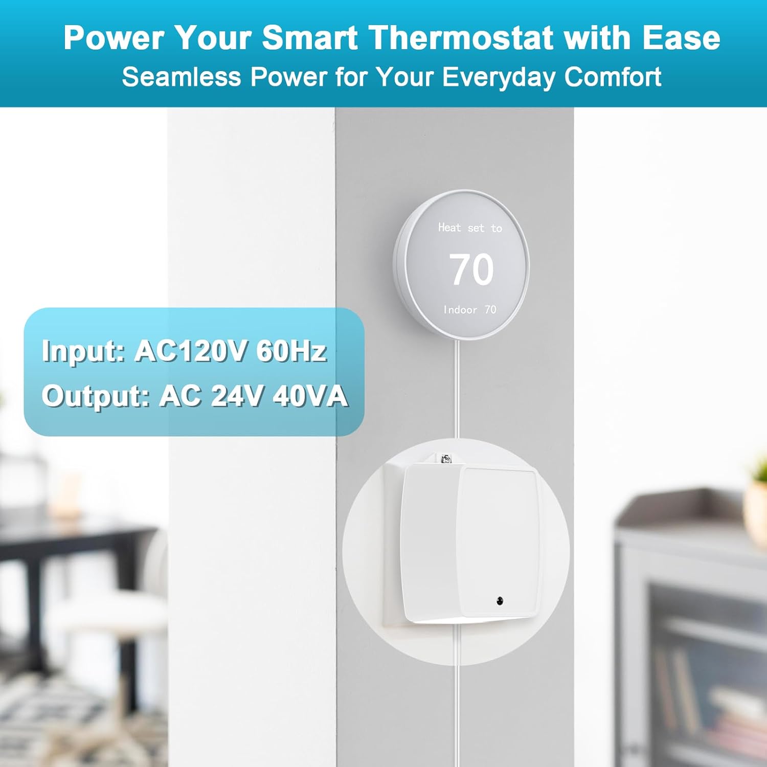 24VAC 40VA Plug Doorbell Transformer Compatible with Ring, Blink, Nest Video Doorbell, Nest, Ecobee, Sensi and Honeywell Thermostat