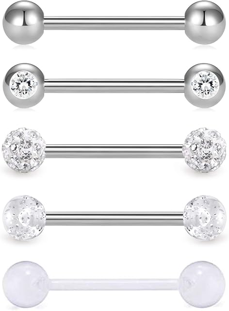 VCMART 5pcs 14Gauge Tongue Bars Piercing Ring Set 16mm Surgical Steel Flexible 5 Styles