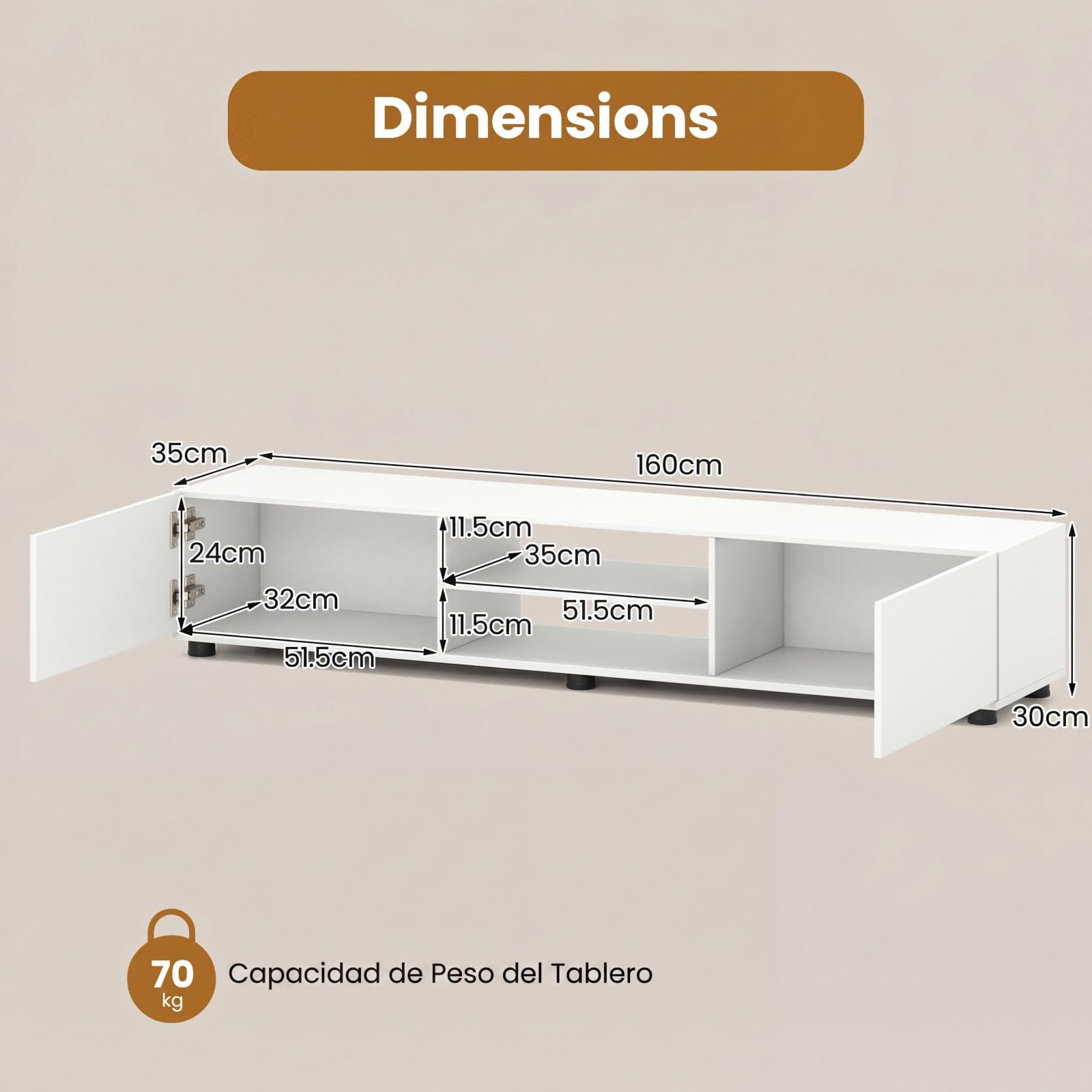 COSTWAY Mueble para TV de hasta 70 Pulgadas, 160x35x30 cm (Blanco) | Mesa de TV con Estantes Abiertos, Compartimentos, Puertas y 6 Patas de Apoyo,Centros Multimedia, Mueble Television para Salón