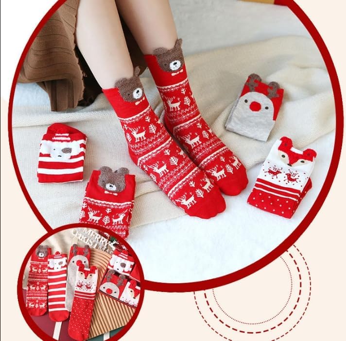 Cute Girls Cartoon Christmas Winter Socks,4 Pairs Creative Women's Christmas Cotton Socks Crew Socks with Gift Box