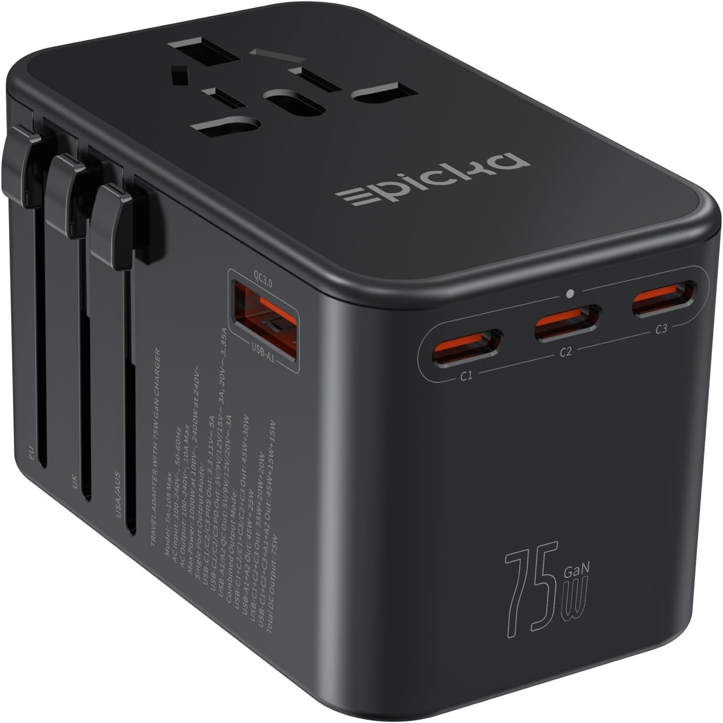 Product image of EPICKA Universal Travel Adapter, GaN 75W International Plug Adapter with 3 USB-C PD Fast Charging & 2 USB-A Quick Charging Adaptor All-in-one Wall Charger for USA EU UK AUS (TA-105 Max, Black)
