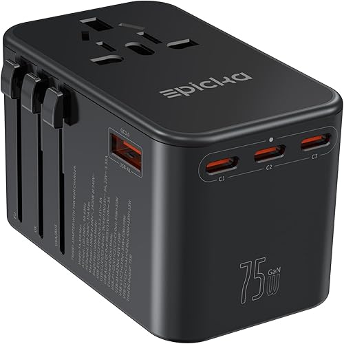 EPICKA GaN - Adaptador de viaje universal, adaptador de enchufe internacional de 75 W con 3 USB-C PD carga rápida y 2 adaptadores de carga rápida