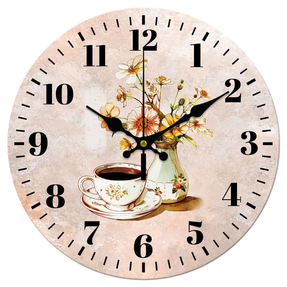 CHGCRAFT 12inch Coffee en Wall Clock Coffee Cup Flower Background Round Wall Clock Silent Non Ticking Clock for Office Home Living Room Bedroom Bathroom Kitchen Decor