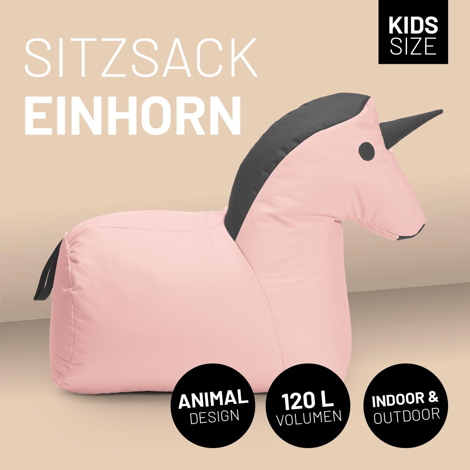 Lumaland Kindersitzsack Einhorn | Sitzsack Tier Familie für Kinder | Wasserabweisender Bean Bag für Indoor & Outdoor | Pflegeleichtes Material | 85 x 70 x 45 cm & 1,9 kg leicht [Pink/Grau]