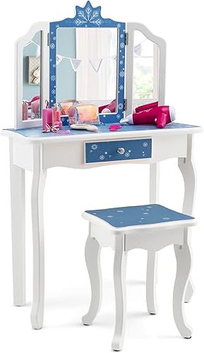 Miniatura 8 de Costzon Juego de mesa de tocador y silla para niños con espejo, taburete, cajón de almacenamiento, tocador de madera de princesa para niñas