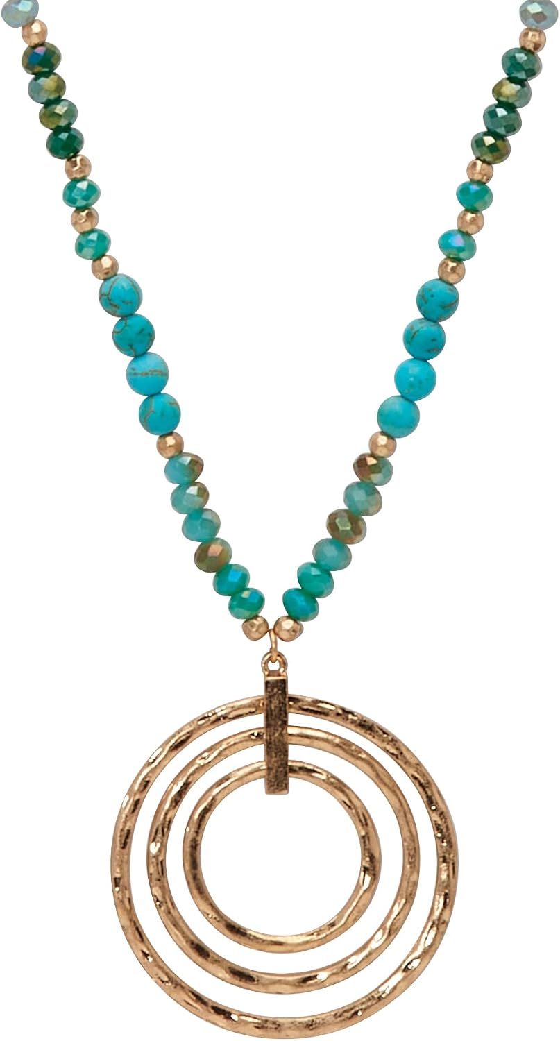 PalmBeach Goldtone Hammered with Round Genuine Turquoise, Endless Necklace (55mm), Lobster Claw Clasp, 30 inches plus 3 inch extension