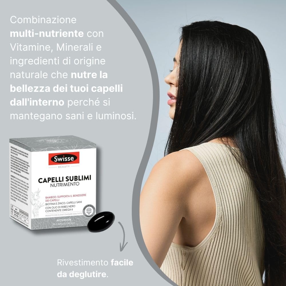 SWISSE Beauty - Integratori per Capelli Donna e Uomo con Vitamina C per Proteggere le Cellule dallo Stress Ossidativo, Integratore con Biotina e Zinco per Capelli Sani, 30 Capsule Molli, Made in Italy