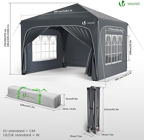 VOUNOT® Tonnelle de Jardin 3x3m Tente Pliable Imperméable avec Parois Anti UV Chapiteau de Jardin Exterieur Hauteur Réglable avec Sac de Transport pour Camping Festival Plage Jardins Gris - 7