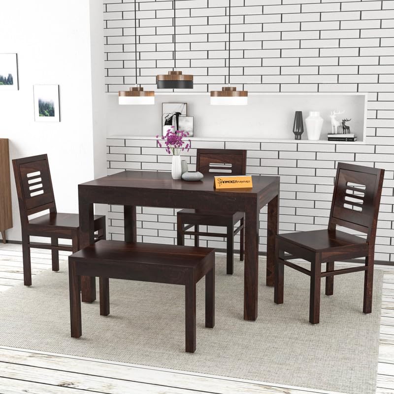 New Mamta Furniture Solid Sheesham Wood Dining Room Sets 4 Seater Dining Table with 3 Chairs & 1 Bench for Dining Room, Living Room, Kitchen, Hotel, Restaurant, Cafeteria (Standard, Walnut Finish)-picture-10