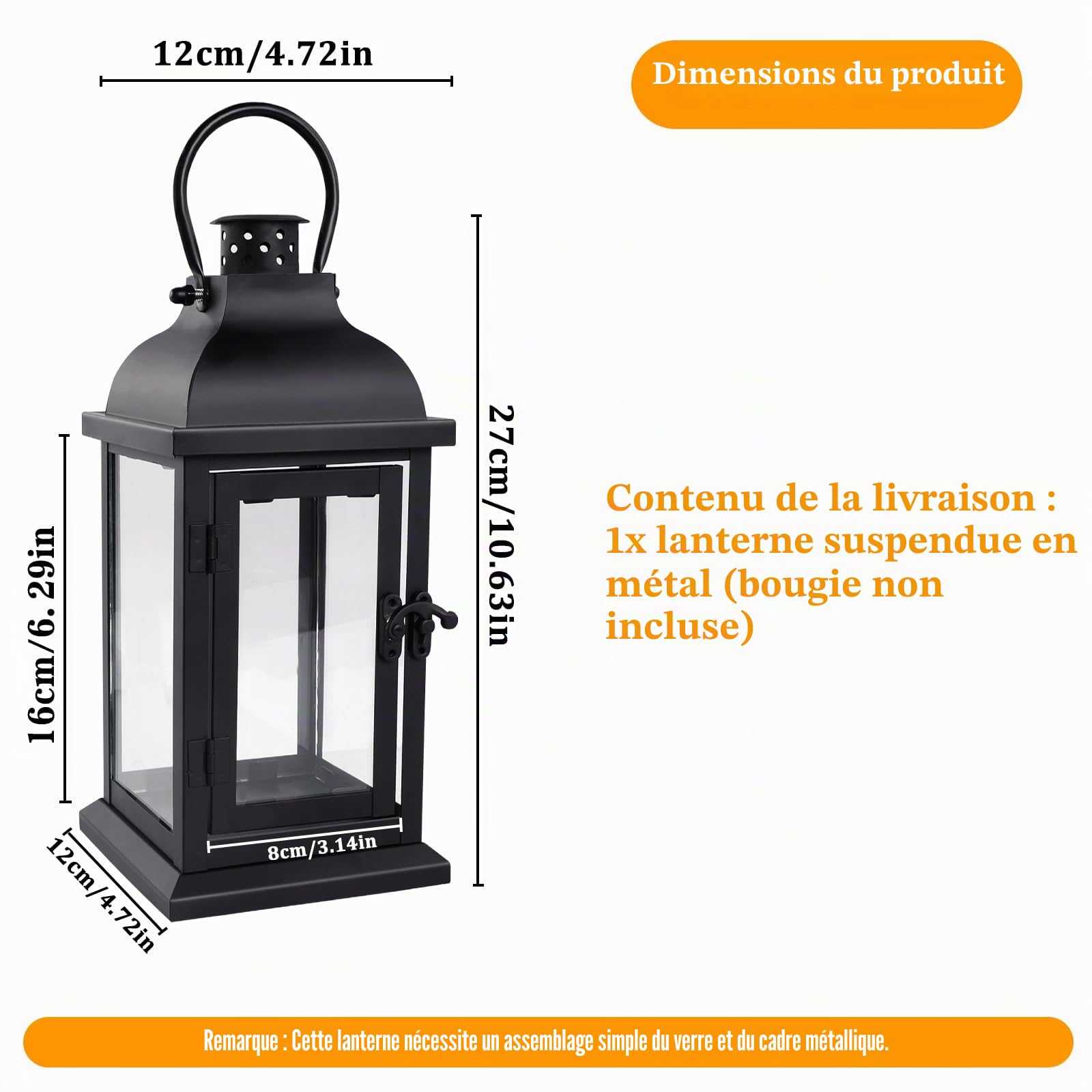Lanterne Bougie Exterieur Noire, 27cm Métal Lanternes Outdoor Funeraire pour Cimetière, Lanterne Résistante aux Intempéries, avec Vitre et Poignée, Décoration de Jardin, Lumière à Vent Intérieur