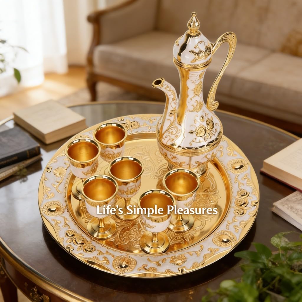 Vintage Coffee Pot Set, Multipurpose Metal Tea Pot Cups Set, Zinc Alloy, 6 Cups and 1 Tray - Retro Luxury Style, Durable Rust - Material, Ideal for Home and Wedding Gif (Gold White)