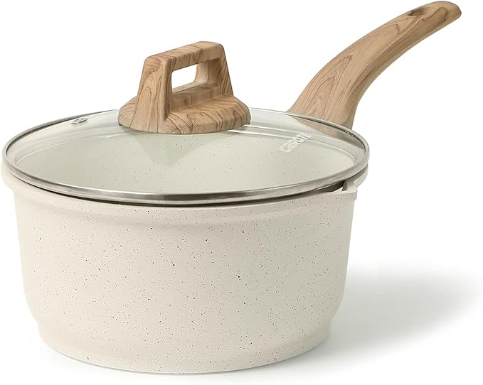 CAROTE white granite nonstick saucepan with glass lid and wood-look handle