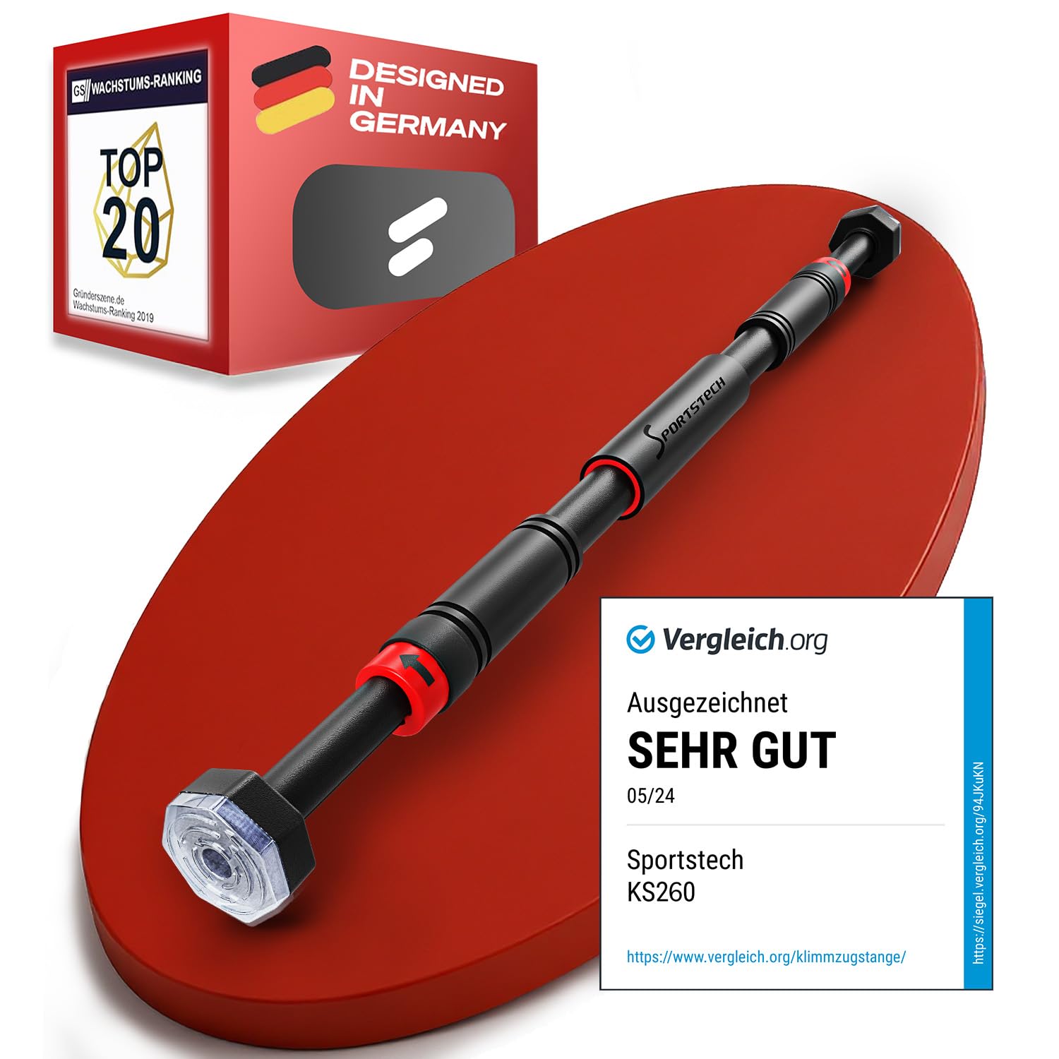 Sportstech Barre de Traction avec Fonction Gear-Lock innovante | Fixation sûre et Rapide sans vis dans Le Cadre de la Porte | réglable Individuellement jusqu'à 90 cm | KS260/KS270 + eBook