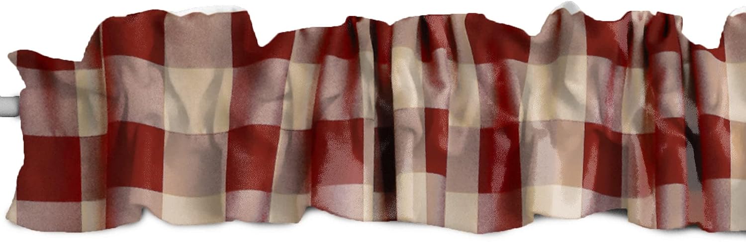 lovemyfabric Big Buffalo Checkered Poplin Curtain Sleeve Topper with Top and Bottom Ruffles/Home Decor Window Treatment (58" Wide x 5" Tall, Burgundy & Beige)