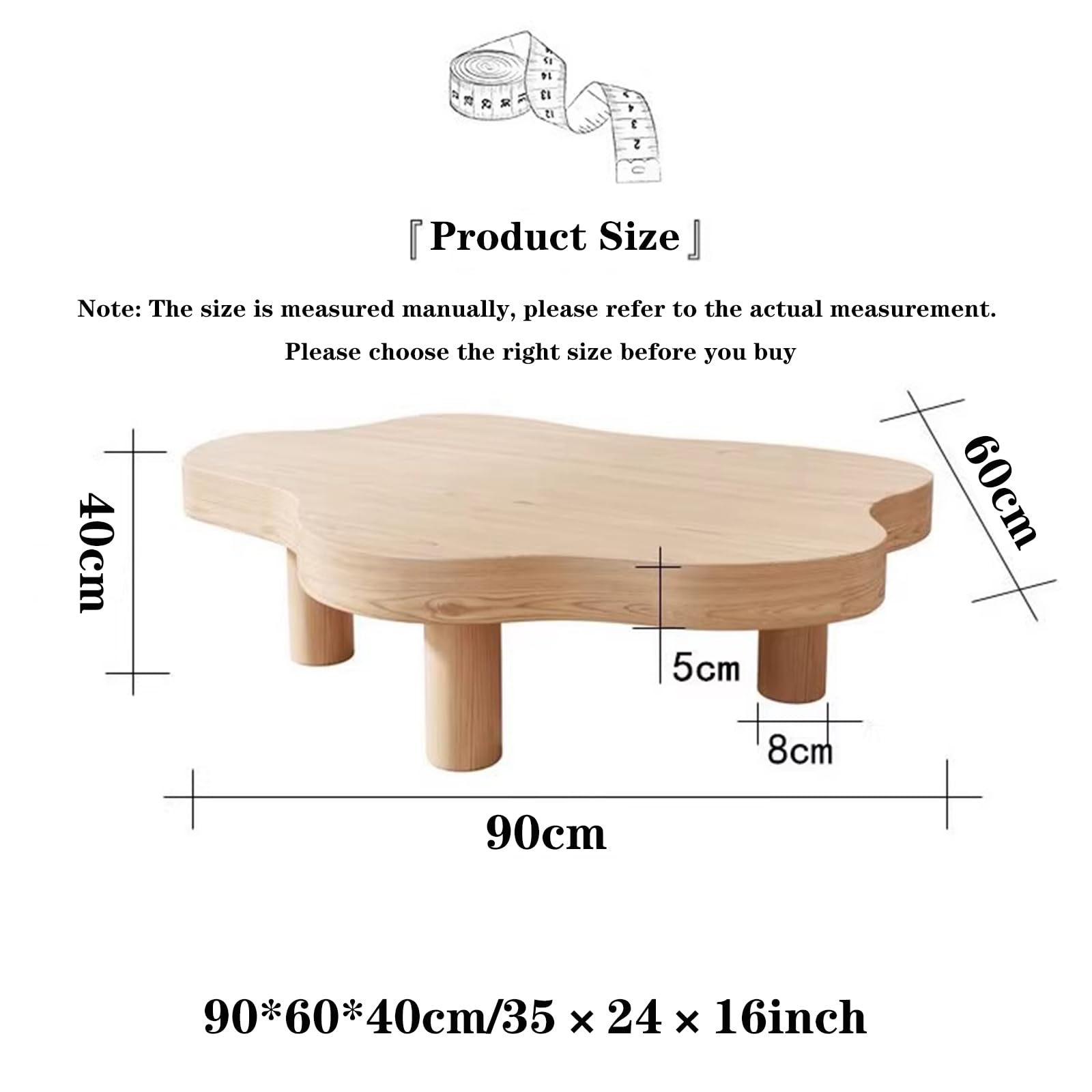 Nowoczesny okrągły drewniany stolik kawowy z 3 nogami gruby stół akcentujący do salonu i sypialni nieregularny design białe wykończenie 89 cm x 61 cm x 40 cm