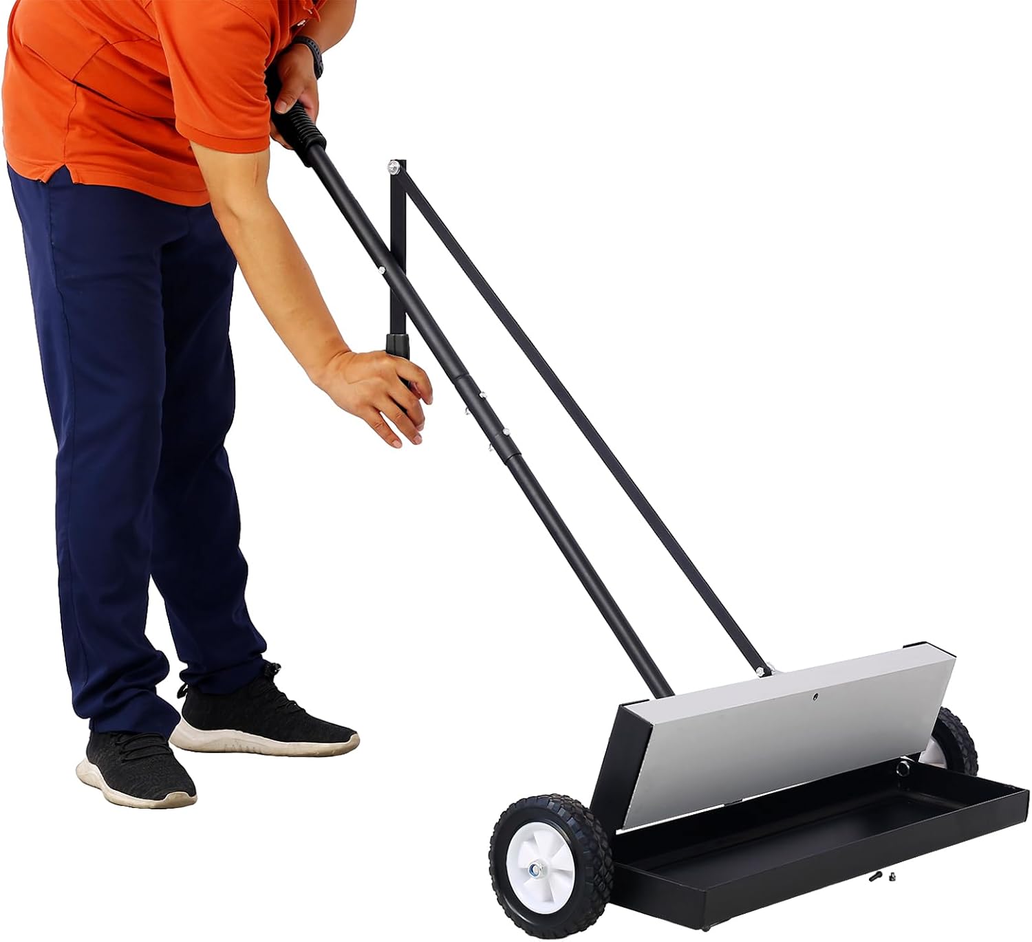 24'' Rolling Magnetic Sweeper with Wheels, Magnetic Broom Havy Duty Push-Type with Release Magnet Sweeper up to 100 lbs for Home, Yard, Lawn, Garden