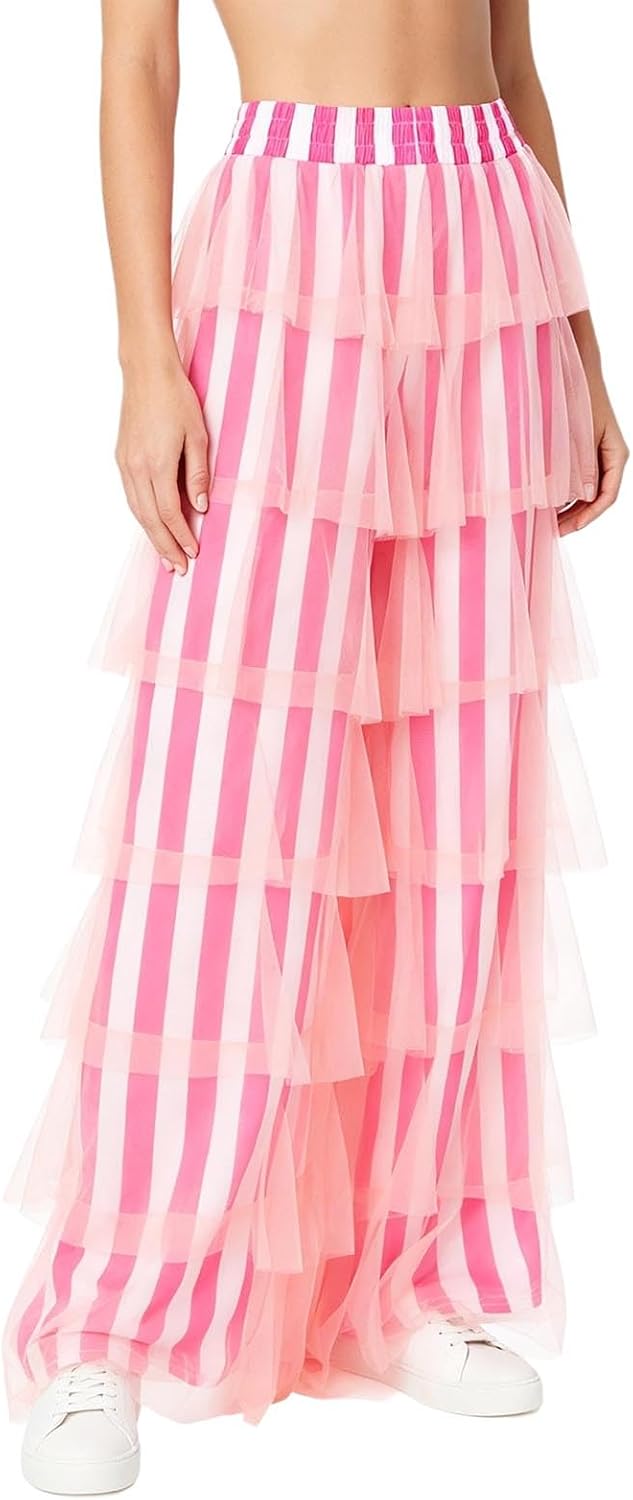 Freebily Women Adult High Waist Stripe Print Pants Flowy Beach Travel Wide Leg Trousers for Arties Dancing
