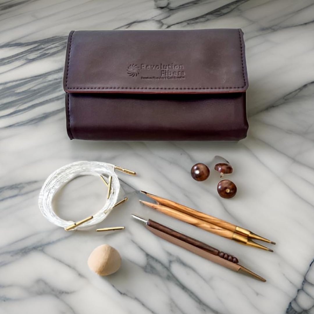 Revolution Fibers Olive Wood Interchangeable 5 inch Circular Knitting Needle Set with Leather Case (29 Piece Set) | Beautiful Case, Perfect for Portable Knitting/Yarn Projects and Easy Storage