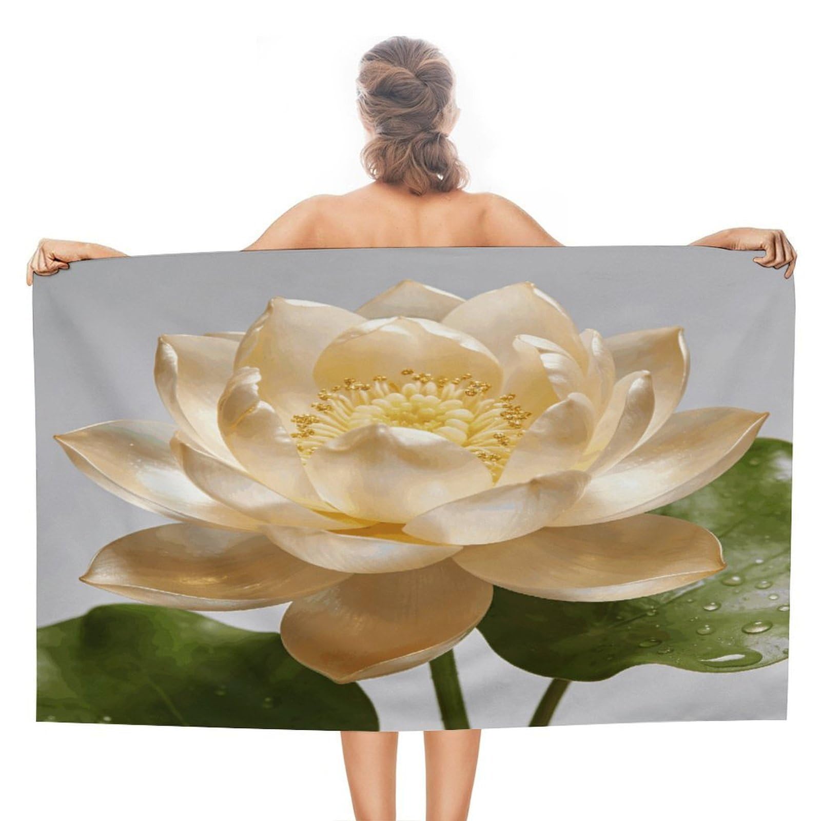 VstaDank Lotus Champagne Bath Towel Stylish Double-Faced Pile Travel Towel Soft Absorbent Beach Towel for Pool Swim Sports Camping Adults Gift 51X31 Inch