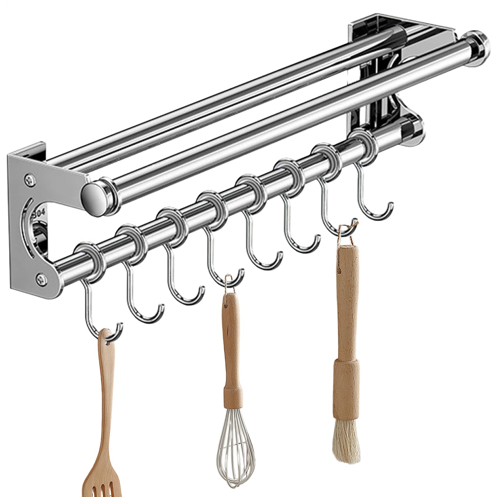 Edelstahl Schneidehalter mit Haken - Küchenschiene Organizer Wand | Bohrfreie Aufhängestange für Utensilien, Schöpfkelle, Schneebesen, Zangen | Backwerkzeugregal für Vorrat