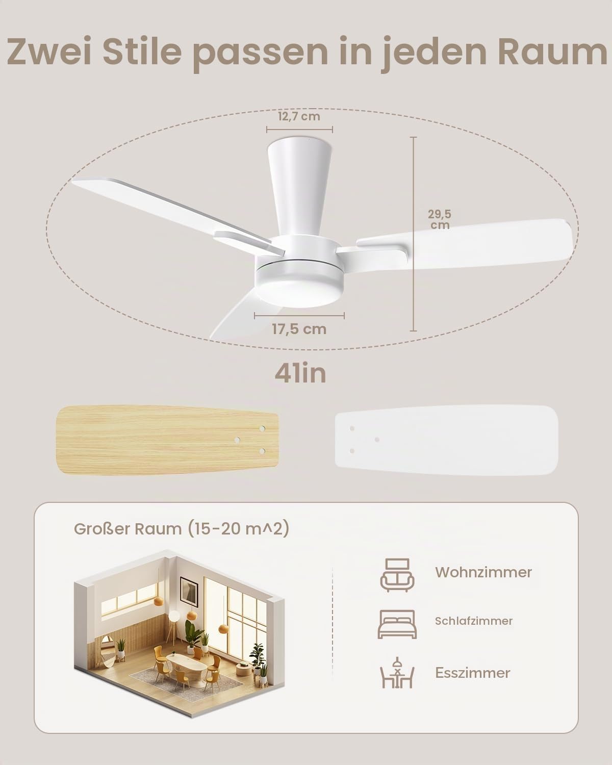 Deckenventilator mit Beleuchtung 106cm, Deckenventilator mit Licht und Fernbedienung, Leise Reversibel DC Motor, LED Dimmbar, 3 Snap-In-Flügel, Schlafzimmer Wohnzimmer, Gelbe Holzmaserung/Weiß