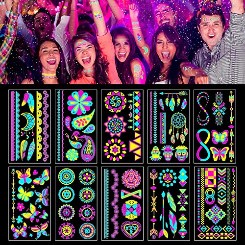 Temporary Tattoos Glow In The Dark Party Supplies Uv Neon Tattoo Stickers Rave Festival Accessories Face Body Paint Makeup Waterproof Blacklight Fake Tattoos For Adults Woman Man #TOP8
