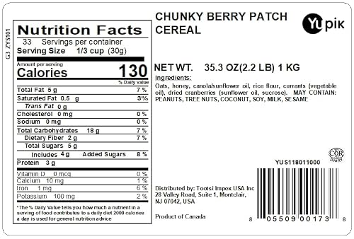 Yupik Granola Cereal, Chunky Berry Patch, 2.2 lb, a granola mix of oats, currants, cranberries, and honey (Pack of 1)