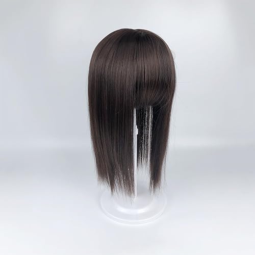 Miniatura 3 de Base de seda sintética de 16 pulgadas con flequillo limpio de 3.9 x 3.9 in, parte media, parte superior, postizo recto con clip, tupé (marrón oscuro)