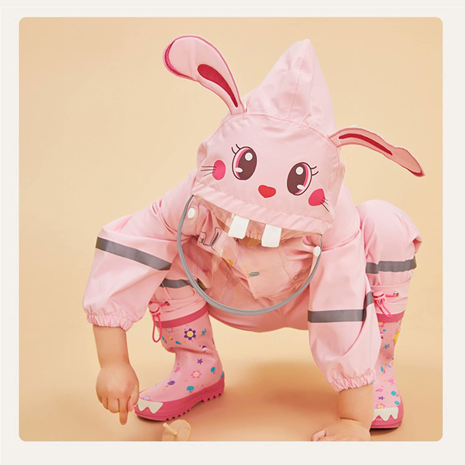 JinBei Imperméable Garçon Fille à Capuche Combinaison de Pluie Enfant Manteau Veste Pantalon Dessin 3D Animé Mignon Cape Unisexe Léger Rayure Réfléchissante Randonnée Outdoor Imperméables 1-8 Ans