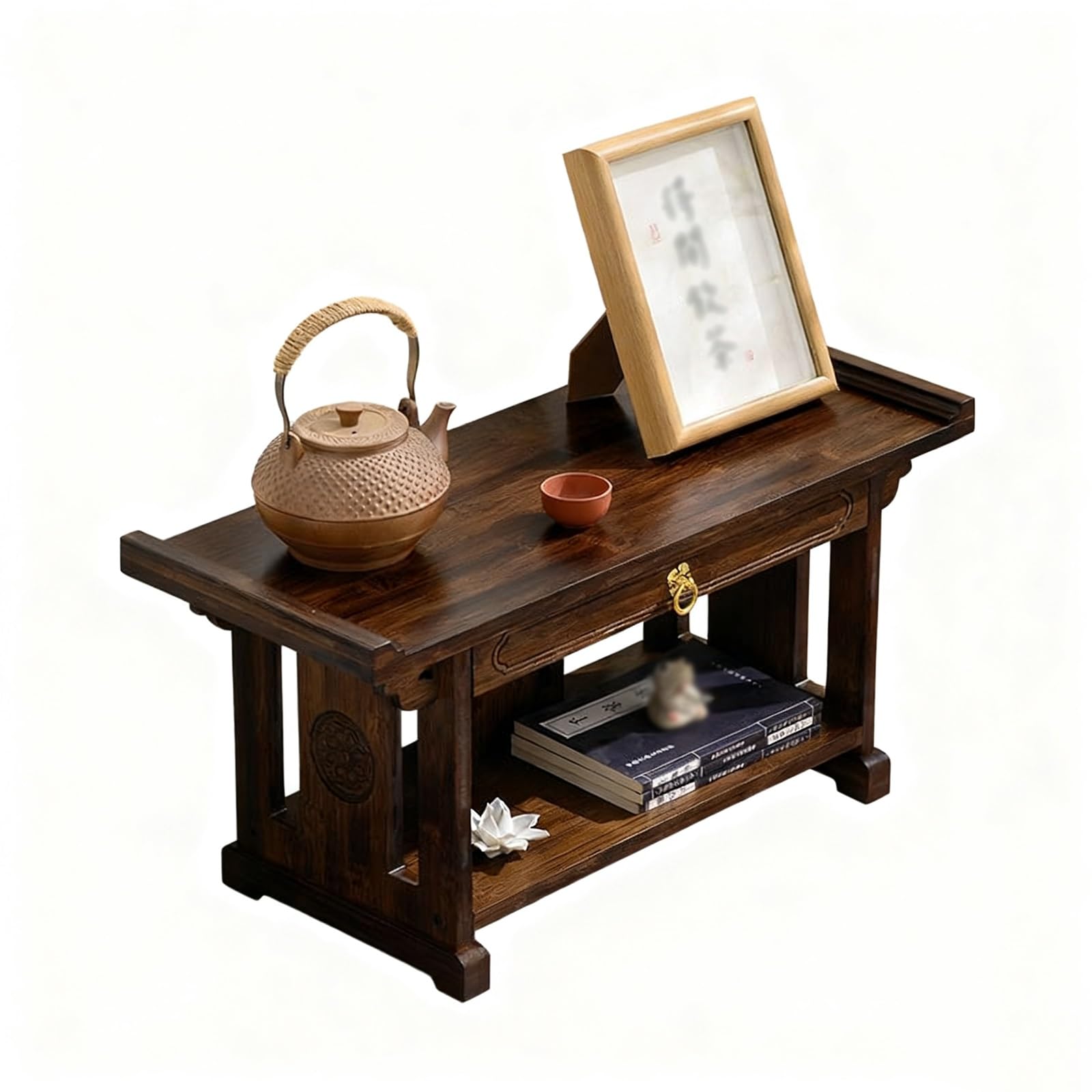 Mesa de meditación de madera para altar budista con cajón de 60x25x28cm