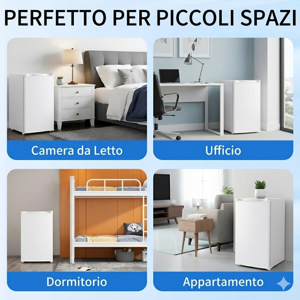 Mini frigorifero bianco 91L con congelatore, porta singola, termostato regolabile a 7 livelli. Risparmio energetico, bassa rumorosità, ideale per ufficio, camera e dormitorio