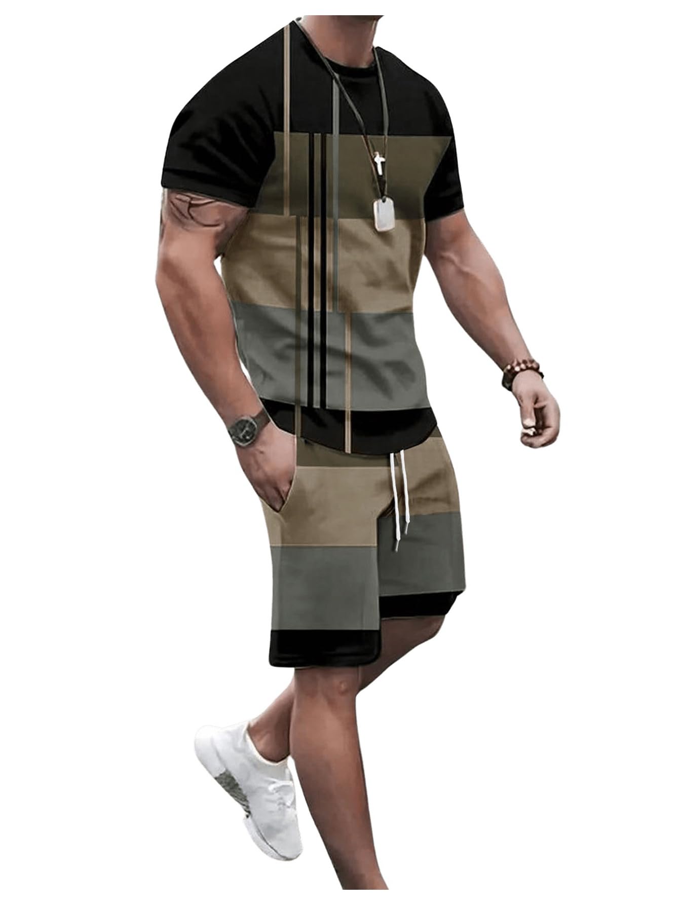 GORGLITTER Men's Summer Vacation Beach 2 Piece Outfits T Shirt Short Sets