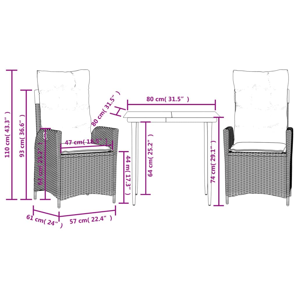 Juego de comedor de jardín de 3 piezas, color gris polirratán con cojines ajustables para terraza y balcón, resistente a los rayos UV, 80 x 80 x 74 cm