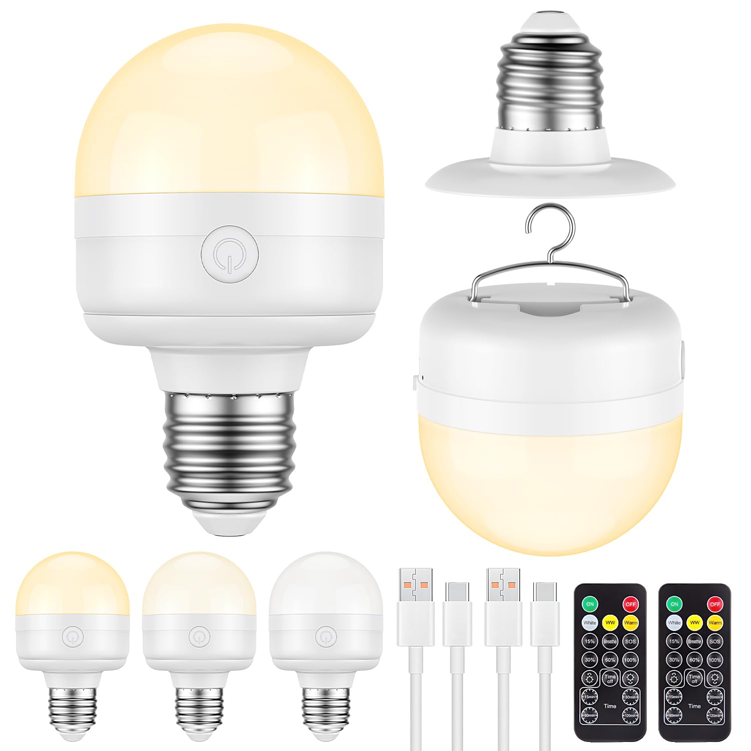 LGMCF Lampadina ricaricabile, E27, dimmerabile, con gancio nascosto e telecomando, 10W, 3 colori, con funzione per campeggio, luce di emergenza con magnetico, 2 unità