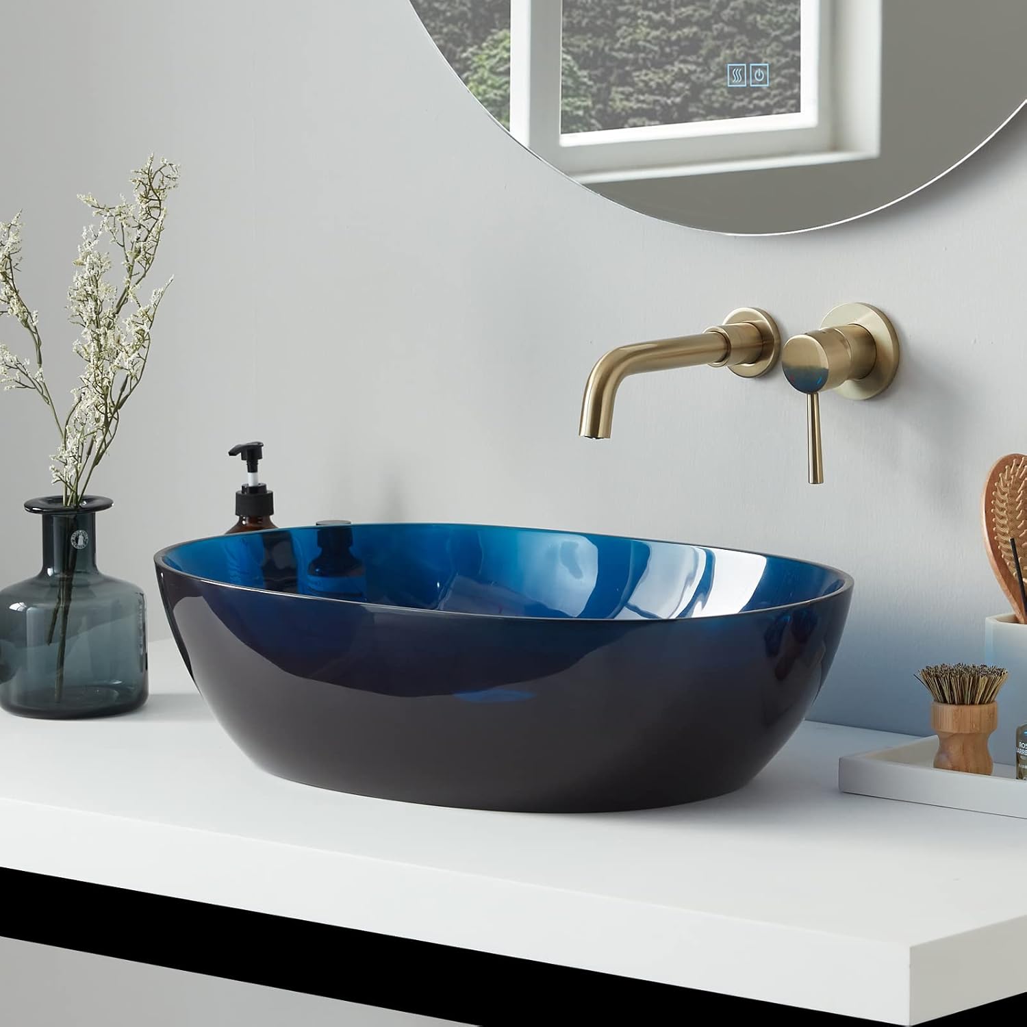 Cpingao 23"x 15" Blue Oval Translucent Bathroom Vessel Sink Above Counter for Cabinet Vanity Lavatory, Boat Shaped Stone Resin Art Basin Countertop with Pop Up Drain