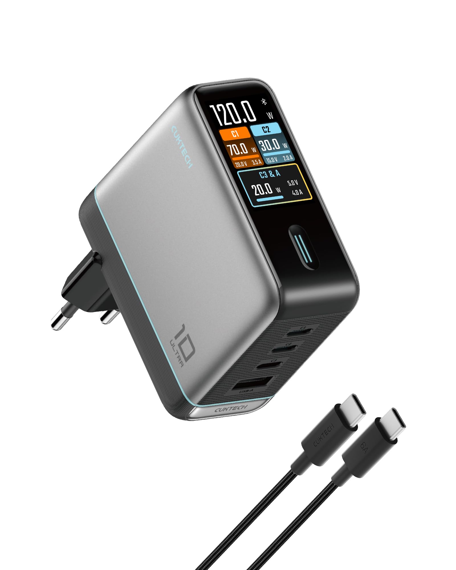 CUKTECH 120 W Caricatore USB C 4 porte Adattatore di alimentazione GaN PPS PD3.0, Caricabatterie rapido con schermo intelligente e controllo tattile, per PC portatile, MacBook, iPad, iPhone 17/16