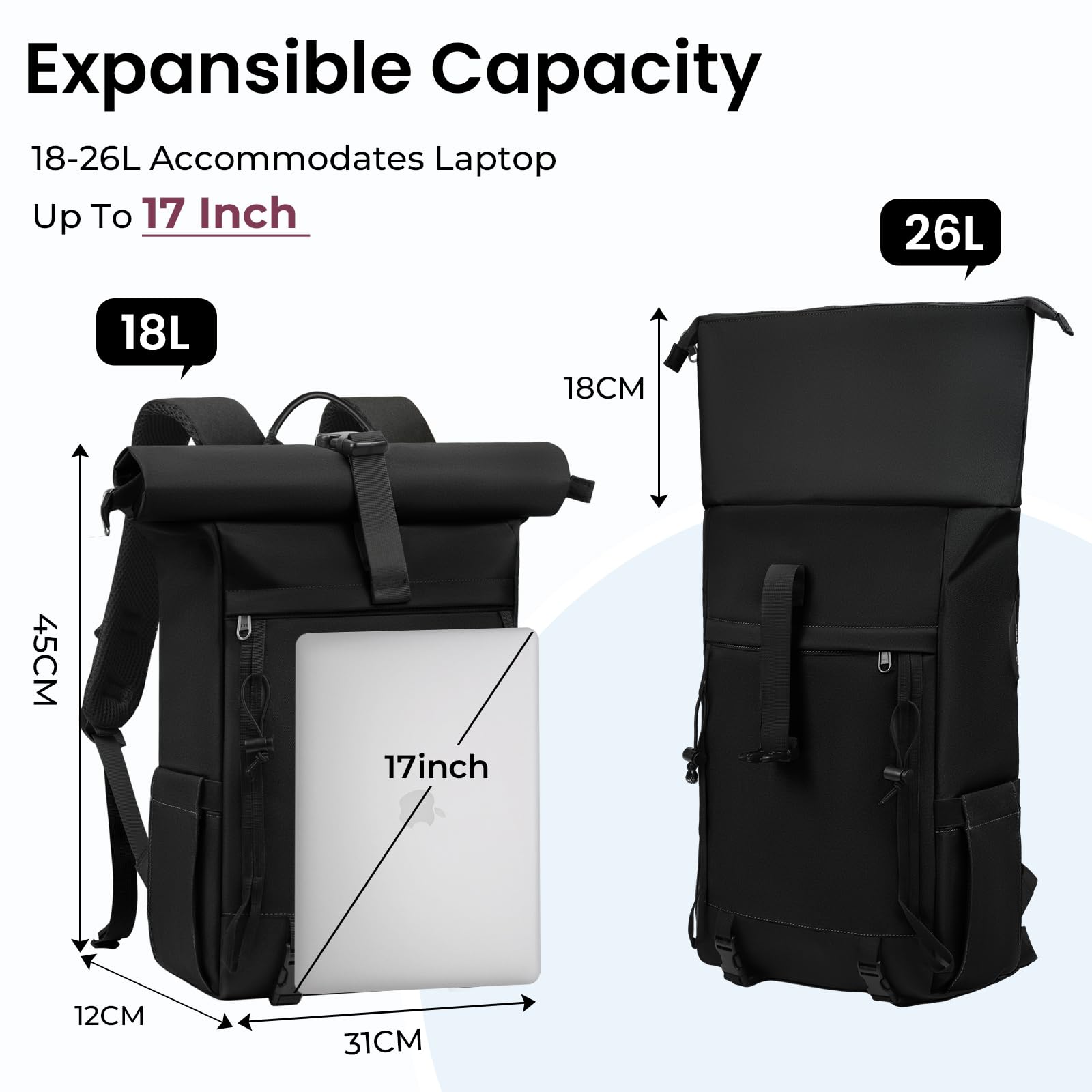 RAINSMORE Zaino Uomo Donna Porta PC 17 Pollici Impermeabile Zaino Viaggio | Zaino Trekking con Foro USB per Lavoro Alpinismo Trekking Campeggio Nero
