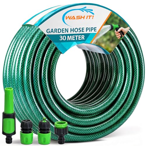 5pc Garden Hose Pipe with Connectors and Adjustable Spray Nozzle Fitting - Reinforced Weatherproof Garden Hosepipe with Hose Nozzle and Hosepipe Connectors for Car Washing and Plant Watering (30m)