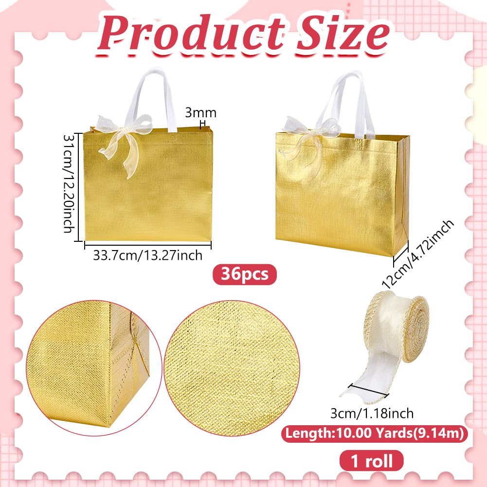 PH PandaHall Lot de 36 grands sacs cadeaux réutilisables en tissu non tissé avec ruban pour invités, fête, mariage, anniversaire, Saint-Valentin - 33,8 x 30,5 x 11,9 cm - Doré brillant