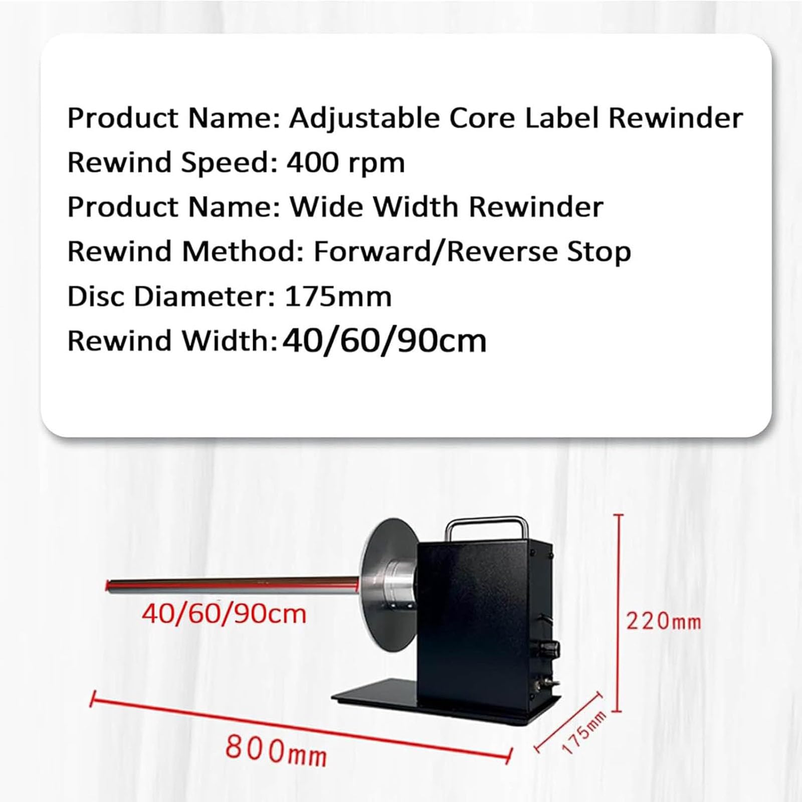Rebobinador de póster de 400 RPM, velocidad y dirección ajustables, disco de 175 mm con interruptor de pie para carteles, papel pintado y material de acoplamiento, 20/40/60 cm de ancho