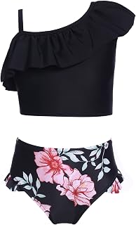 Girls Two Piece Bathing Suit One Shoulder Ruffle Flounce Printed Bikini Tankini Sets Floral Beach Swimwear Swimsuits