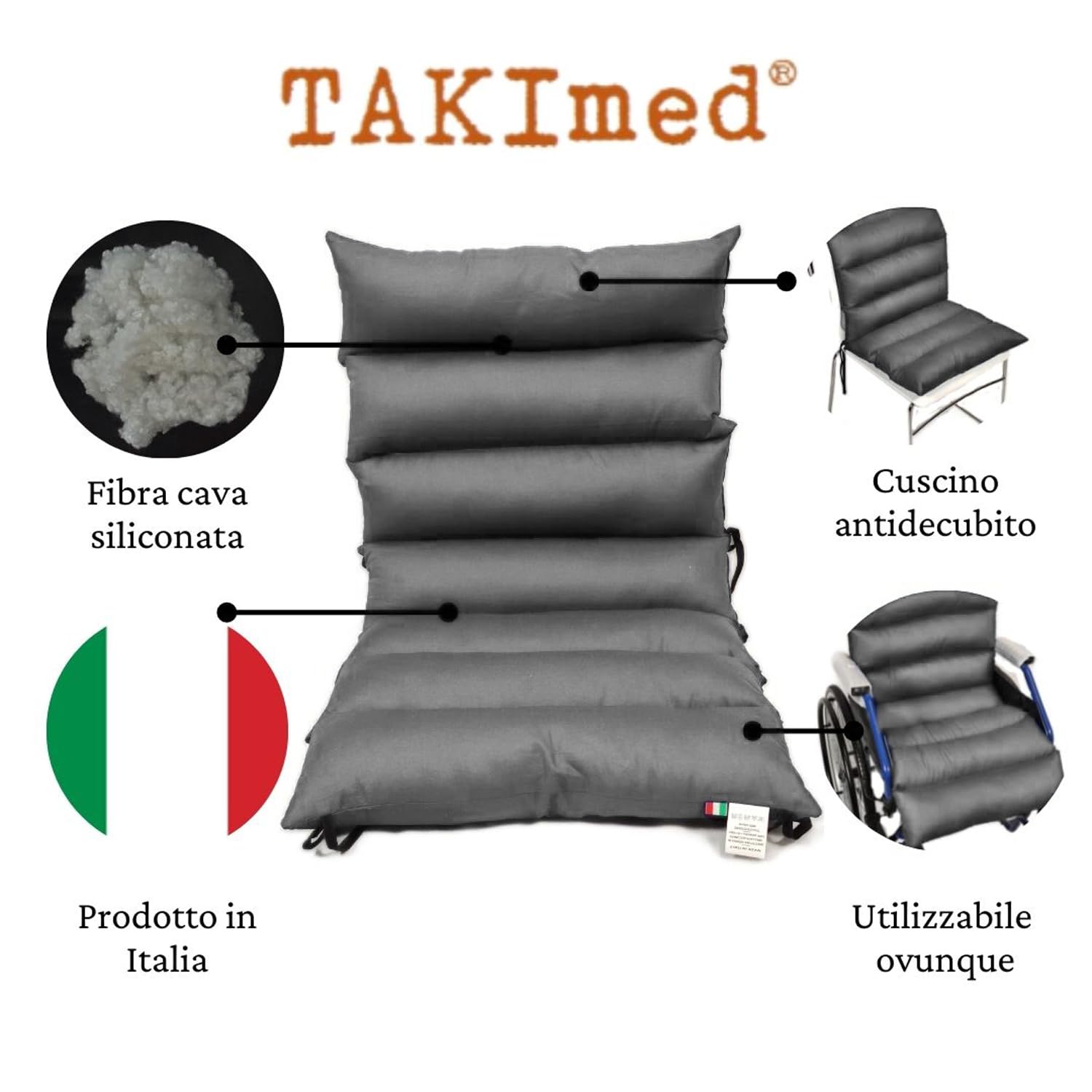 TAKIMED Cuscino Stuoia Coprisedia per sedia a rotelle In Fibra Cava Siliconata, Cuscino con Schienale Antidecubito lungo Ortopedico per Carrozzina. Prodotto Italiano (Grigio)