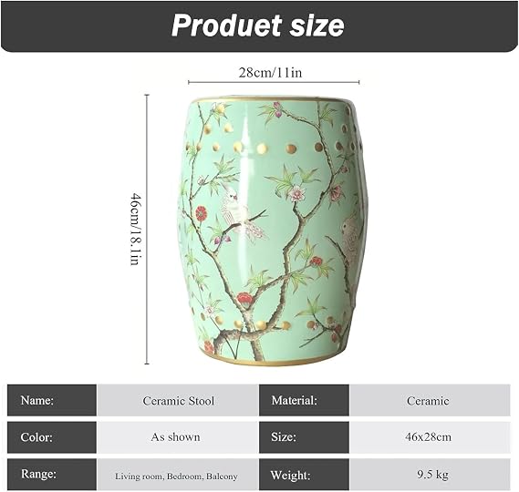 Ceramic Garden Stool, Decorative Garden Stool, Ceramic Drum Garden Stool, Decorative Garden Stool Glazed, Flower and Bird Design, for Living Room, Balcony, Garden(Green A)