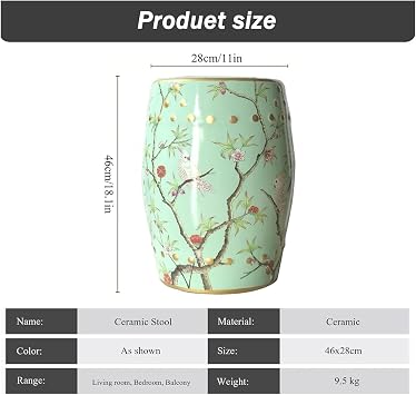 Ceramic Garden Stool, Decorative Garden Stool, Ceramic Drum Garden Stool, Decorative Garden Stool Glazed, Flower and Bird Design, for Living Room, Balcony, Garden(Green A)