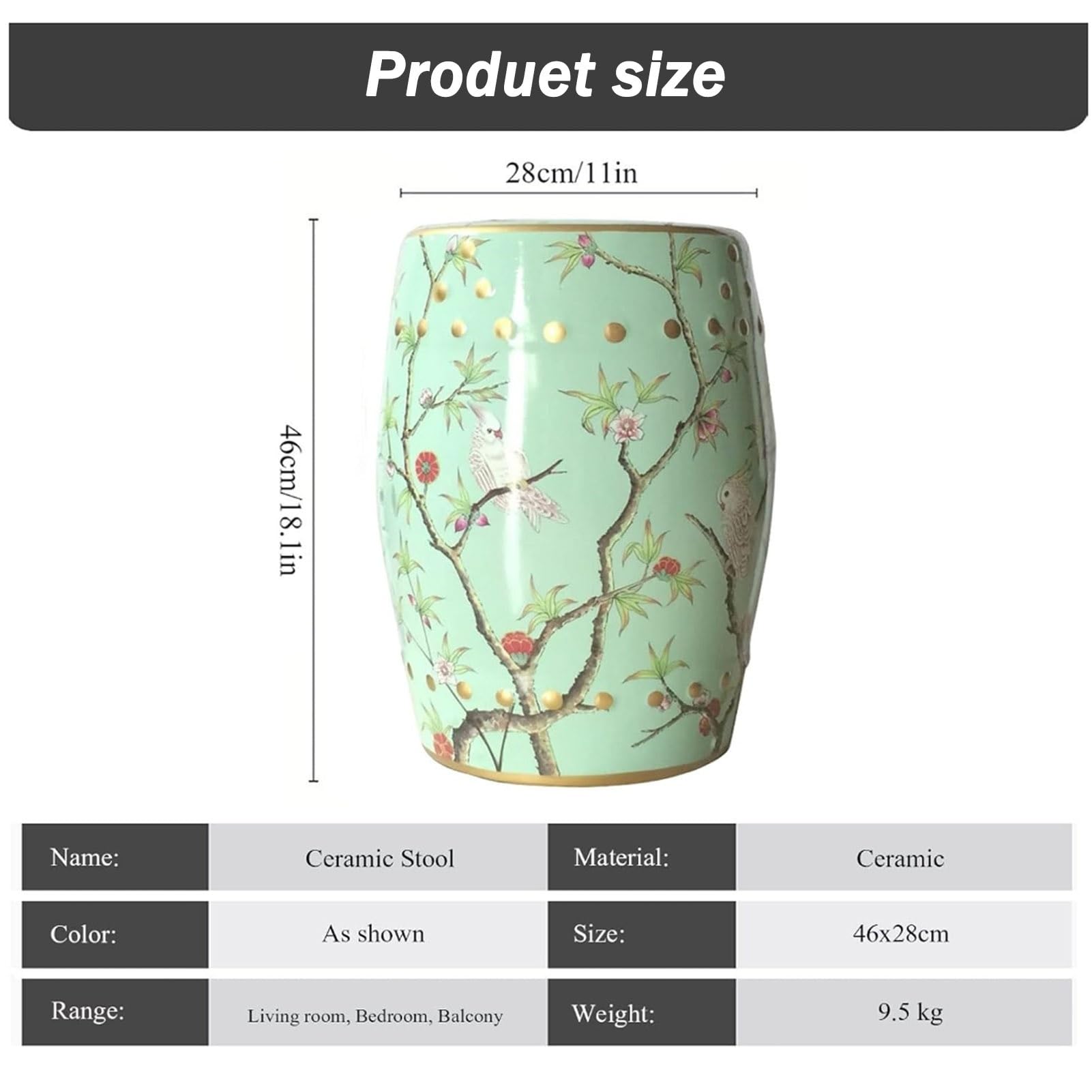 Ceramica Cinese Sgabello, Sgabello da Giardino in Ceramica, Sgabello da Giardino a Tamburo in Ceramica, Sgabello da Giardino Decorativo Smaltato, Design di Fiori E Uccelli(Green A)