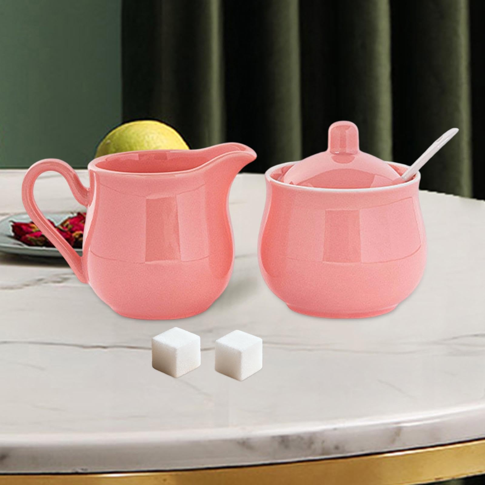 Sucrier Ensemble En Céramique Pichet à Crème Pot à Lait Boîte à Sucre avec Couvercle et Cuillère Compact Conçu pour Service Dîner Occidental D, Rose