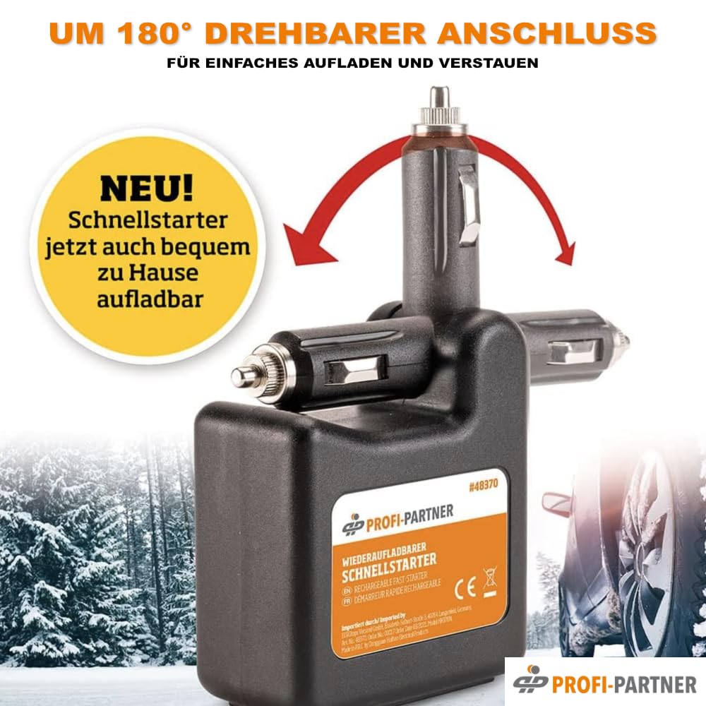 Kfz-Starthilfe, aufladbarer Schnellstarter mit USB-Powerbank | Laden über Zigarettenanzünder, 12-Volt-Anschluss, LED-Ladestandanzeige, Batterie-Booster in ca. 20 Minuten, saubere Hände