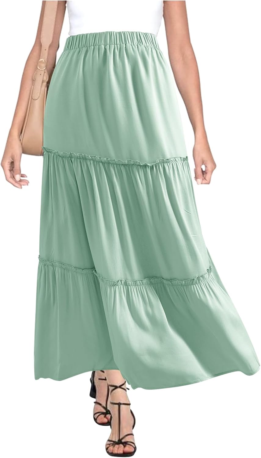 BOMAROLAN Women's Maxi Skirts Summer Elastic High Waist Boho Flowy Skirt A Line Long Skirts Ruffle Swing Beach Skirts - Image 2